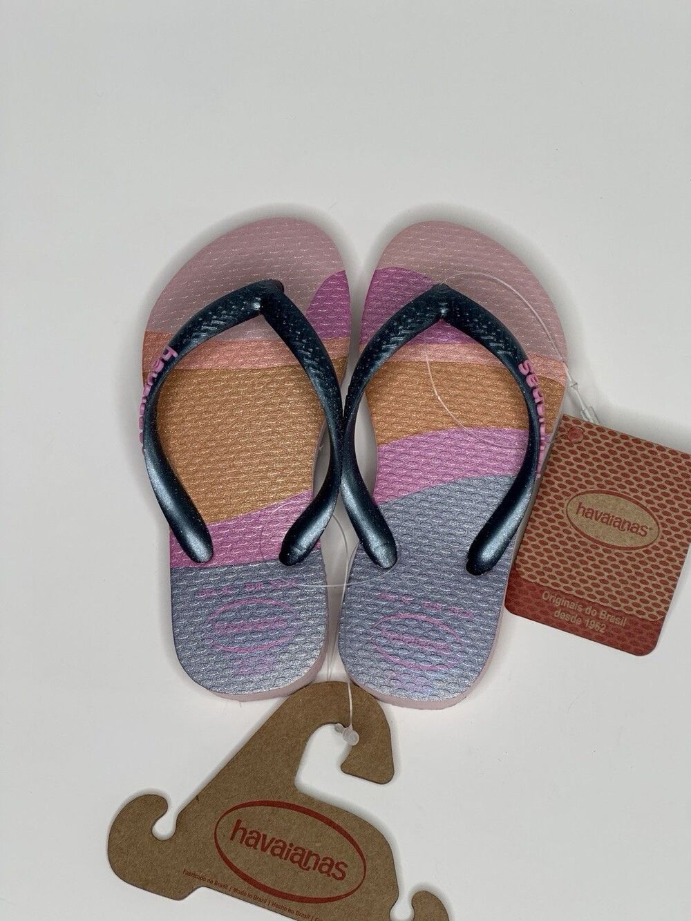NEW 9C Havaianas Girls Gray Pink Peony Rose Metallic Sparkle Flip Flops Kids
